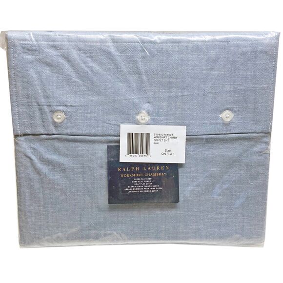 Ralph Lauren Workshirt Chambray Queen Flat Sheet Blue Yarn-Dyed Cotton - Picture 3 of 7